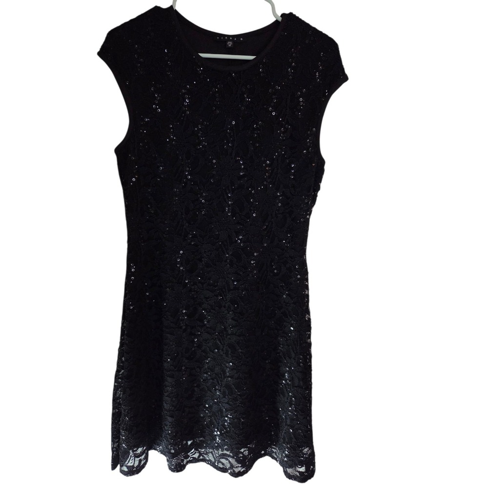 Tiana B Black Sequins & Lace Cap Sleeve Sheath‎ Cocktail Party Dress Midi 12